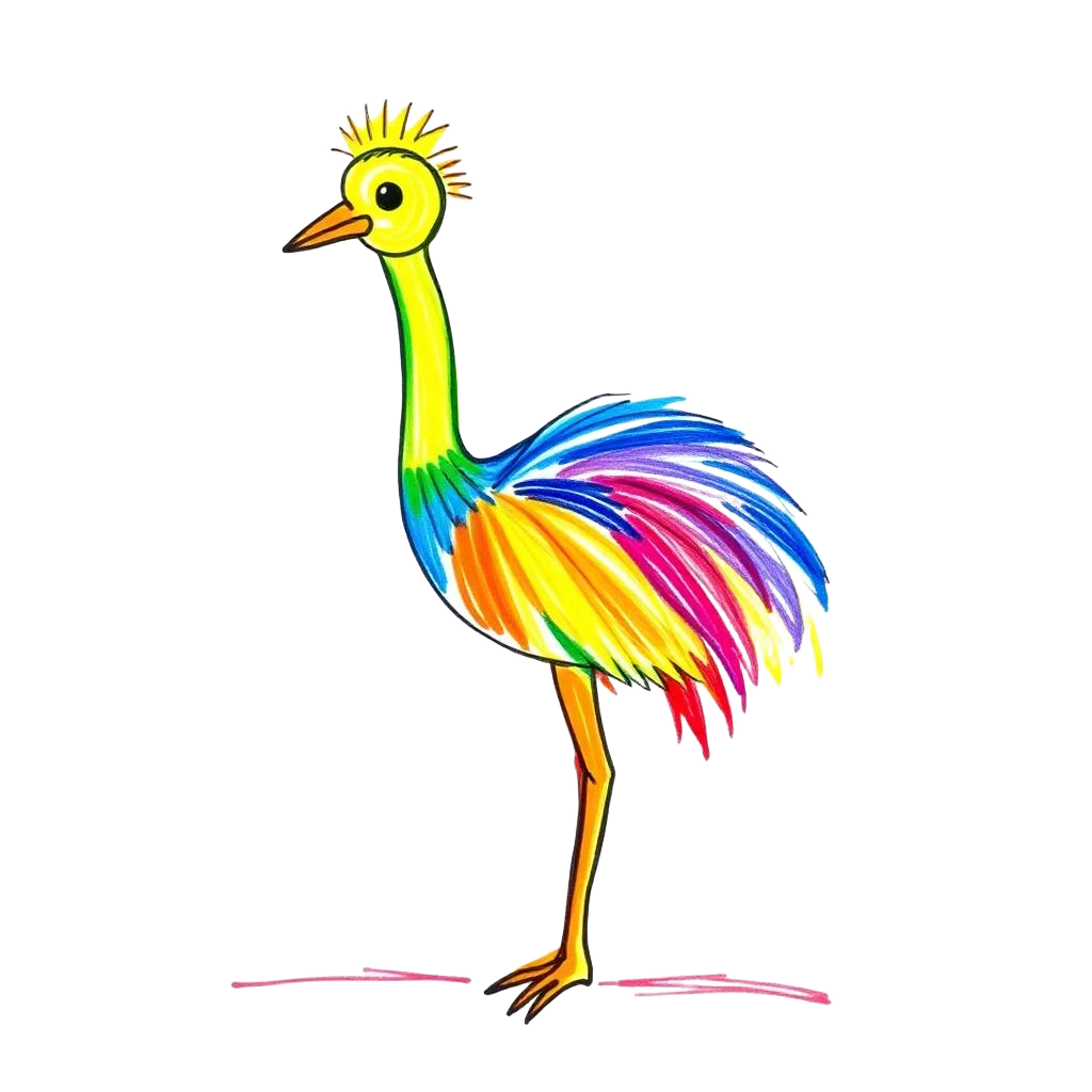 Bunte Kinderzeichnung eines Neon-Vogels